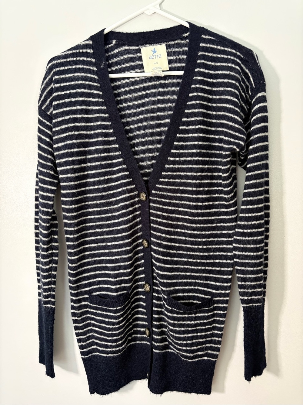 Wool + Mohair blend AERIE Navy and White Striped Button-Front Cardigan